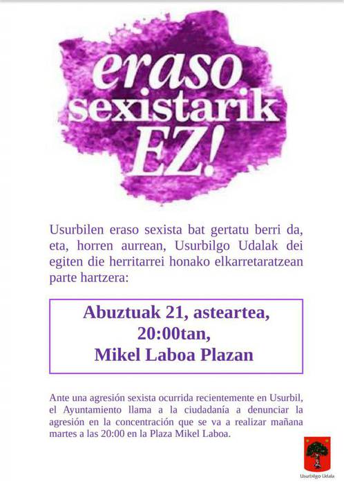 Azken eraso sexista salatzeko elkarretaratzea 20:00etan Mikel Laboa plazan