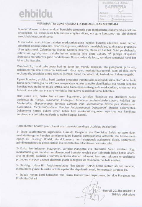 Merkataritza-gune handien sektorea arautu arte, proiektu berriak ez baimentzea eskatu du Udalak