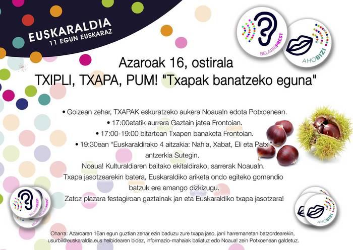 Euskaraldiko txapak jasotzeko "Txipli Txapa Pum" ekimena ostiralean