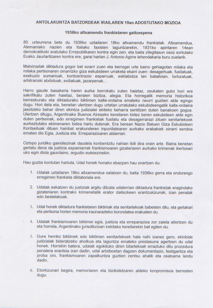 36ko altxamendu frankista salatu du aho batez, Usurbilgo udalbatzak