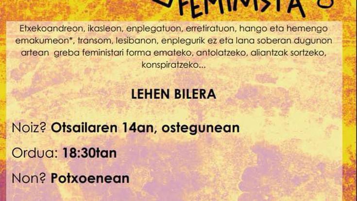Martxoaren 8ko greba feminista prestatzen hasteko lehen bilera 18:30etan Potxoenean