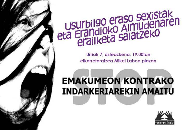 Erandioko erailketa eta azken egunotako eraso sexistak salatzeko elkarretaratzea 19:00etan Mikel Laboa plazan