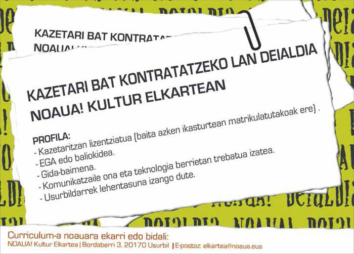 NOAUA!-rako kazetari bat kontratatzeko lan deialdia
