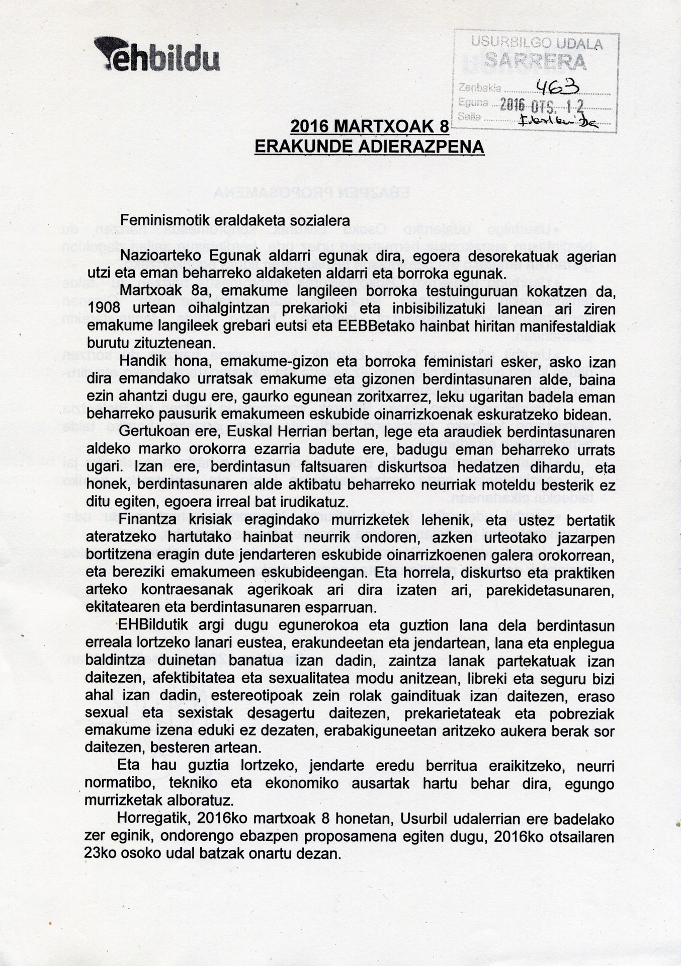 Martxoaren 8ari begirako adierazpena onartu du Udalak