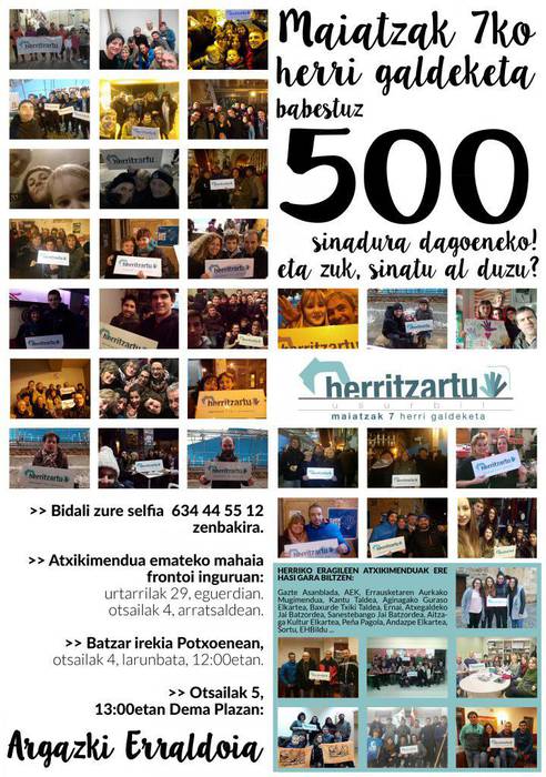 Maiatzaren 7ko galdeketa babesteko 500 sinadura batu ditu jada Herritzartuk