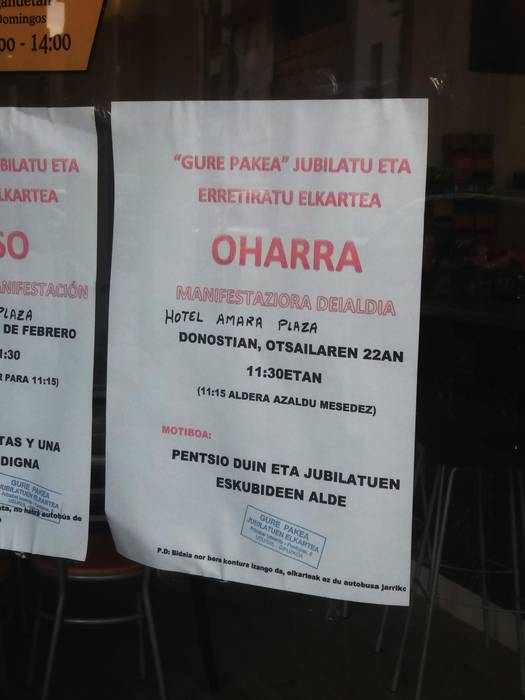 Pentsio duinen alde, gaur Donostian manifestatzera deitu du Gure Pakea elkarteak