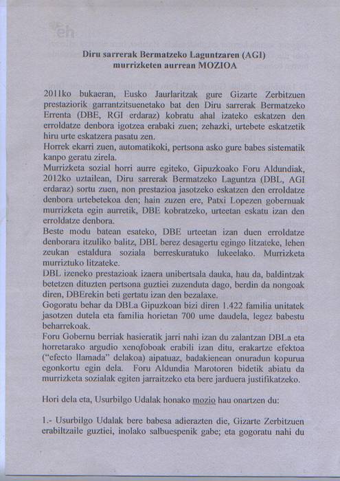 Diru-sarrerak Bermatzeko Laguntza mantentzeko eskaera Foru Aldundiari