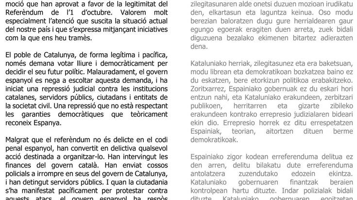 Carme Forcadellek eskerrak helarazi eta laguntza eskatu dio Usurbilgo Udalari